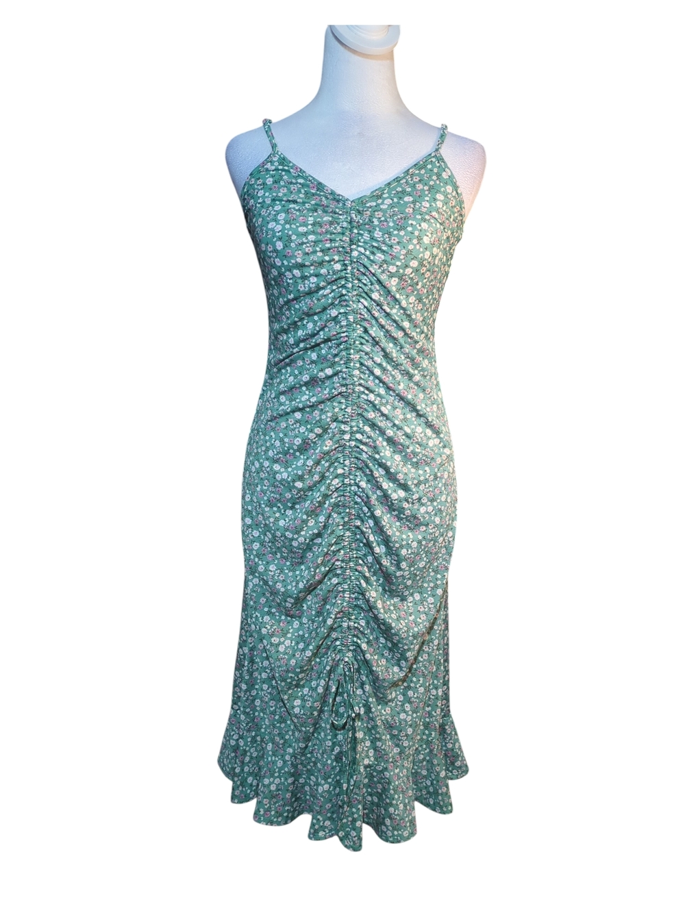 Liberty Love Green Floral Ruched Spaghetti-Strap Midi Dress